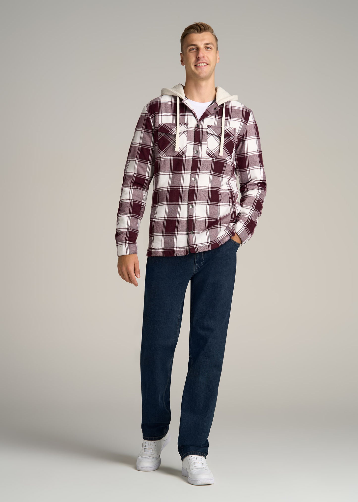 Hooded Flannel Shirt Jacket for Tall Men in Maroon & White Plaid