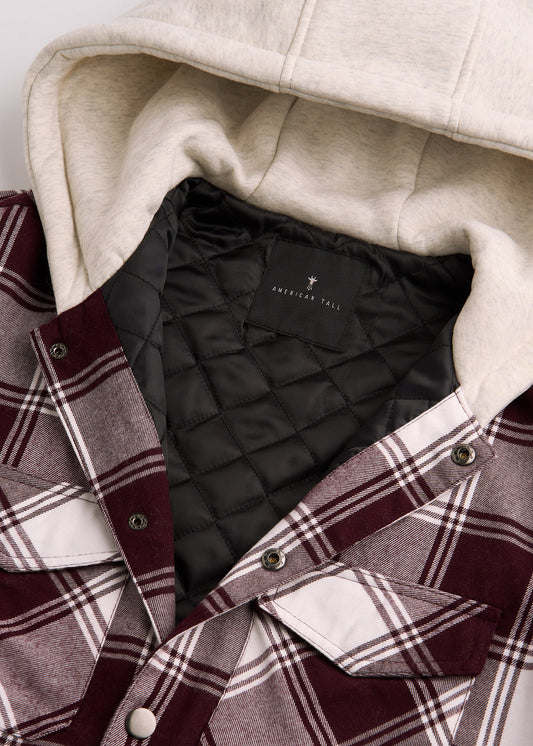 Hooded Flannel Shirt Jacket for Tall Men in Maroon & White Plaid