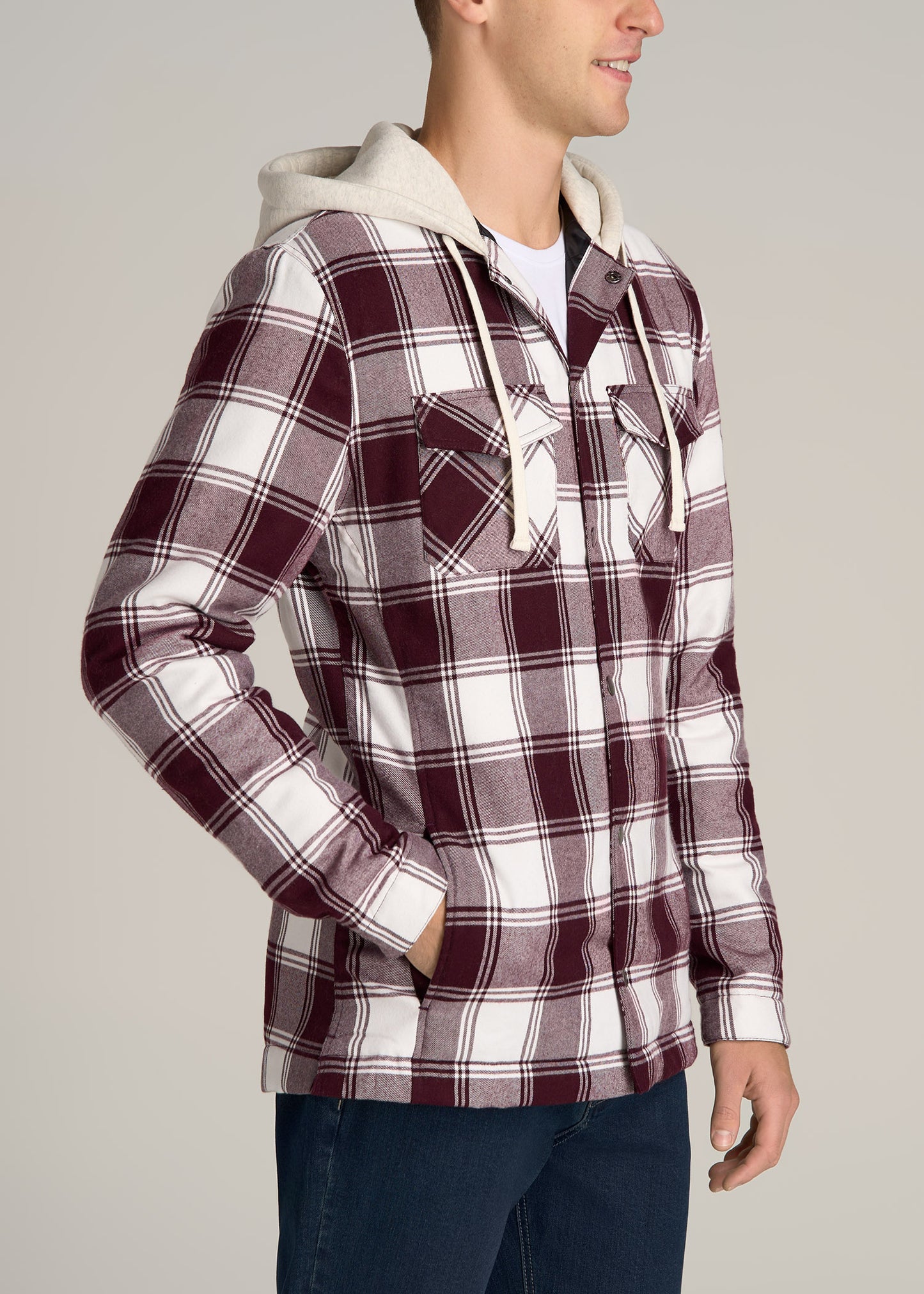 Hooded Flannel Shirt Jacket for Tall Men in Maroon & White Plaid