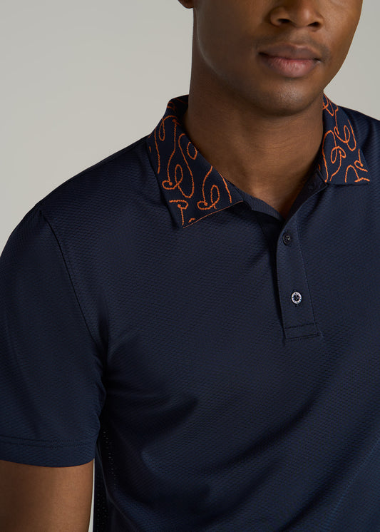 Jacquard Knit Collar Golf Polo Shirt for Tall Men in Evening Blue