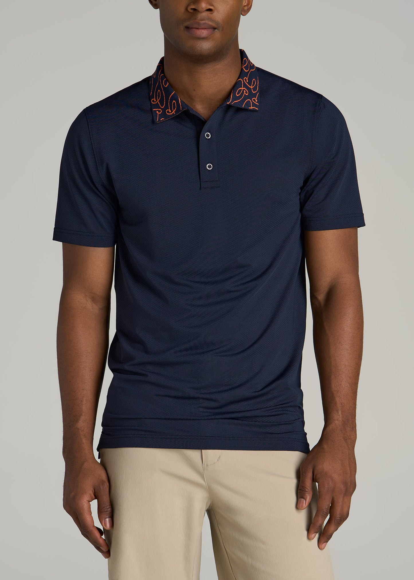 Jacquard Knit Collar Golf Polo Shirt for Tall Men in Evening Blue