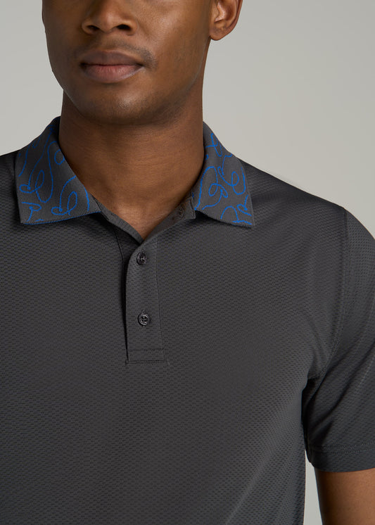 Jacquard Knit Collar Golf Polo Shirt for Tall Men in Steel Grey