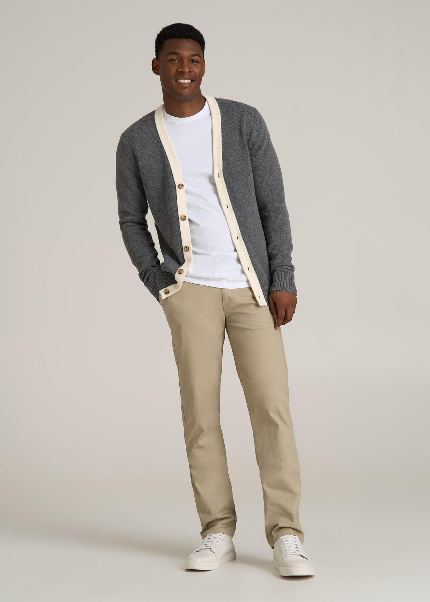 Knit Campus Cardigan for Tall Men in Charcoal Mix and Cream