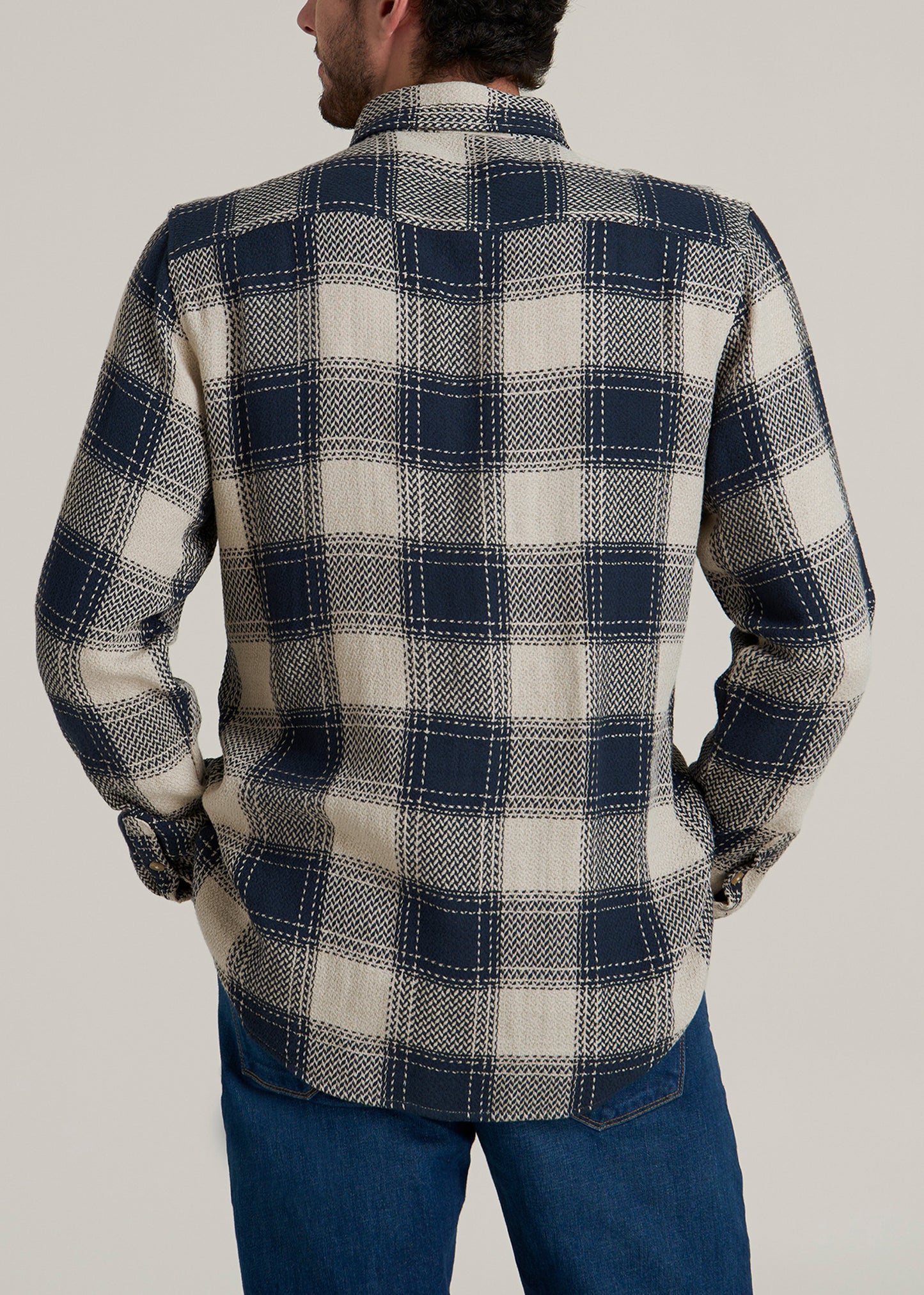 Lightweight Woven Overshirt for Tall Men in Navy and Beige Plaid