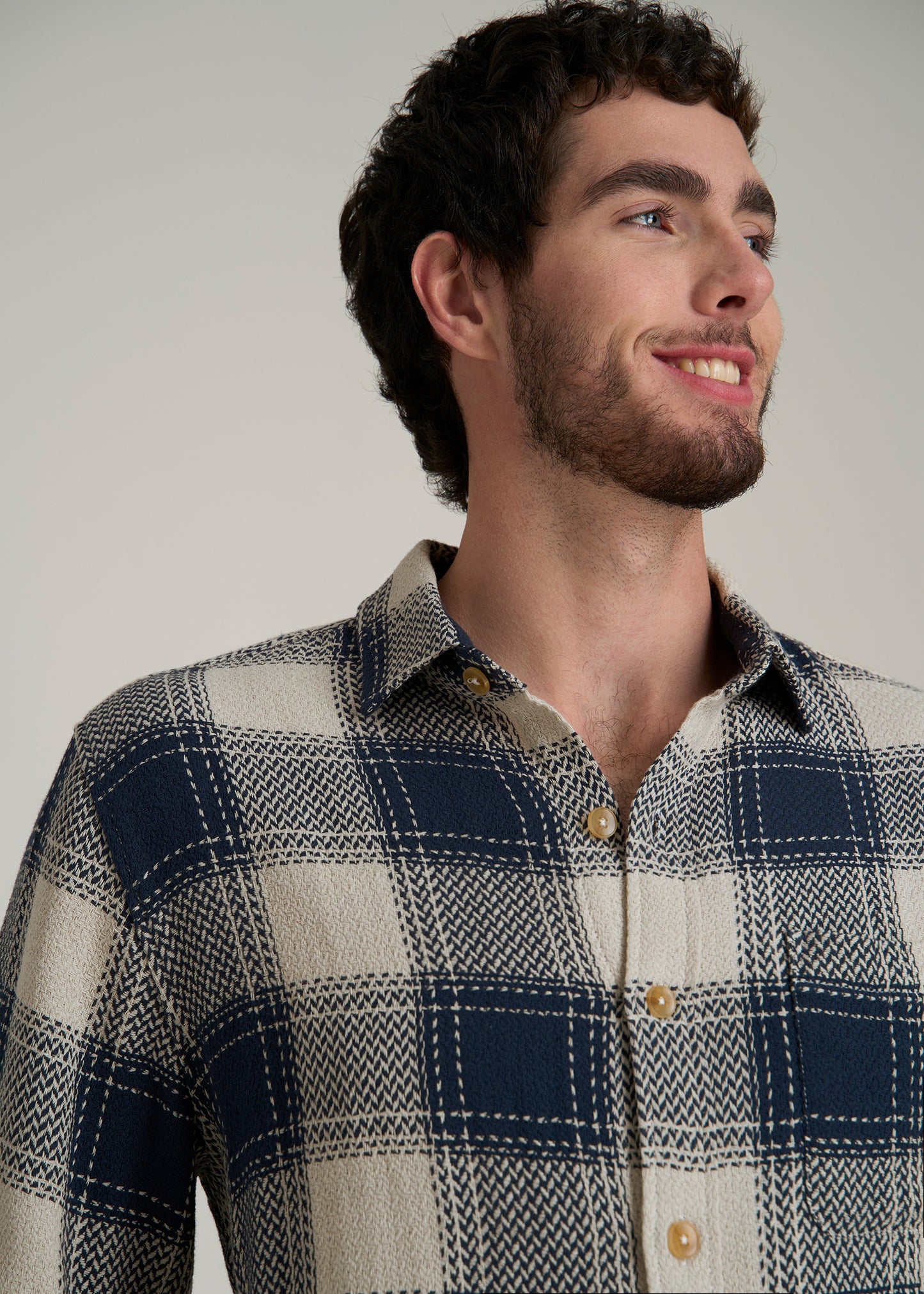 Lightweight Woven Overshirt for Tall Men in Navy and Beige Plaid