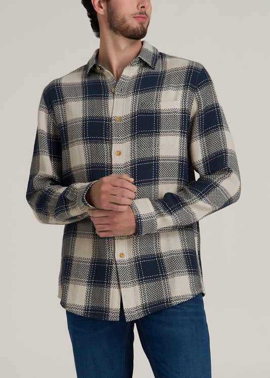 Lightweight Woven Overshirt for Tall Men in Navy and Beige Plaid