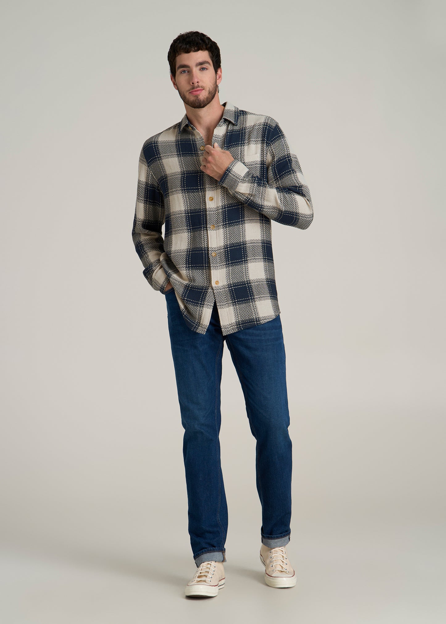 Lightweight Woven Overshirt for Tall Men in Navy and Beige Plaid