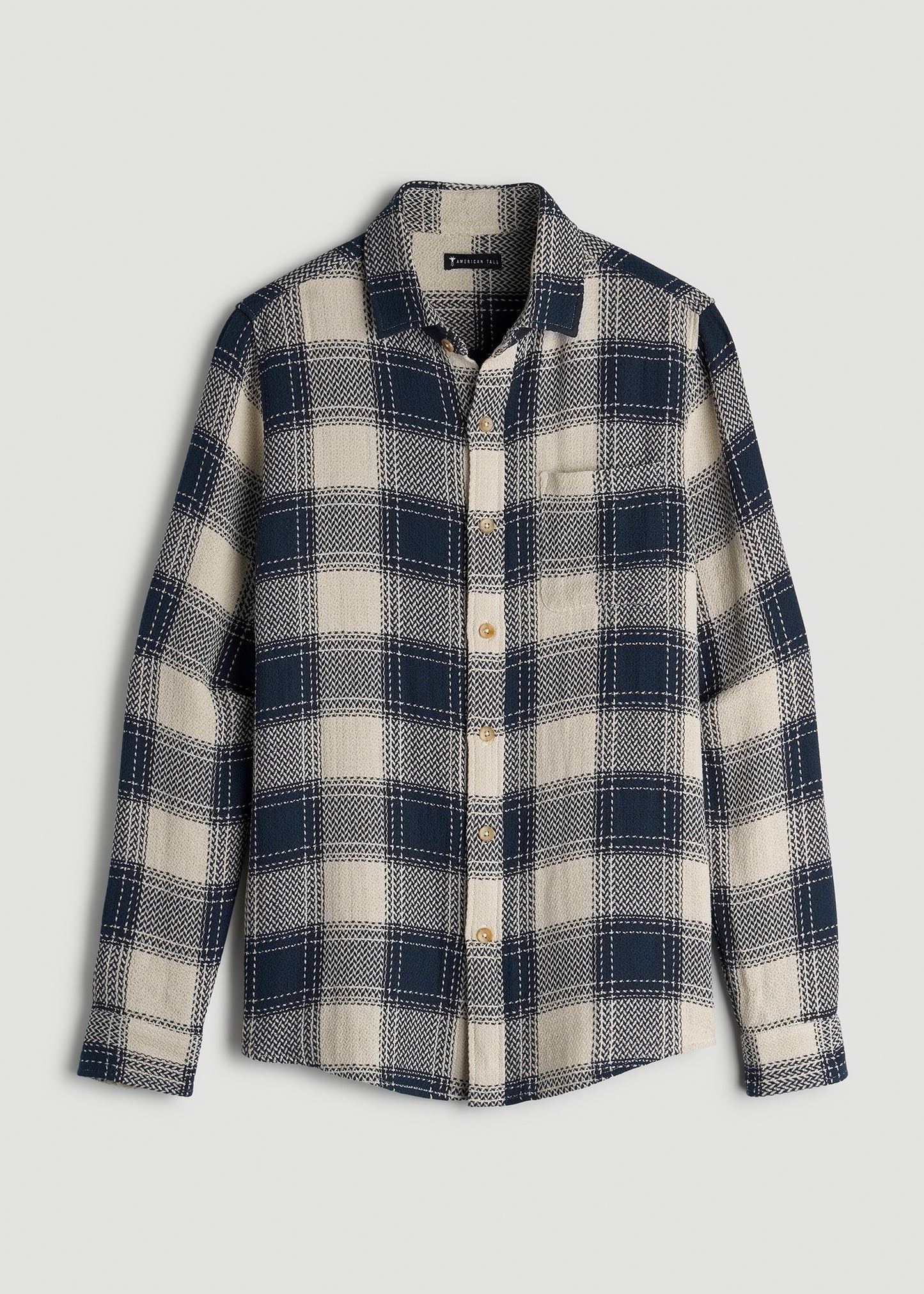 Lightweight Woven Overshirt for Tall Men in Navy and Beige Plaid