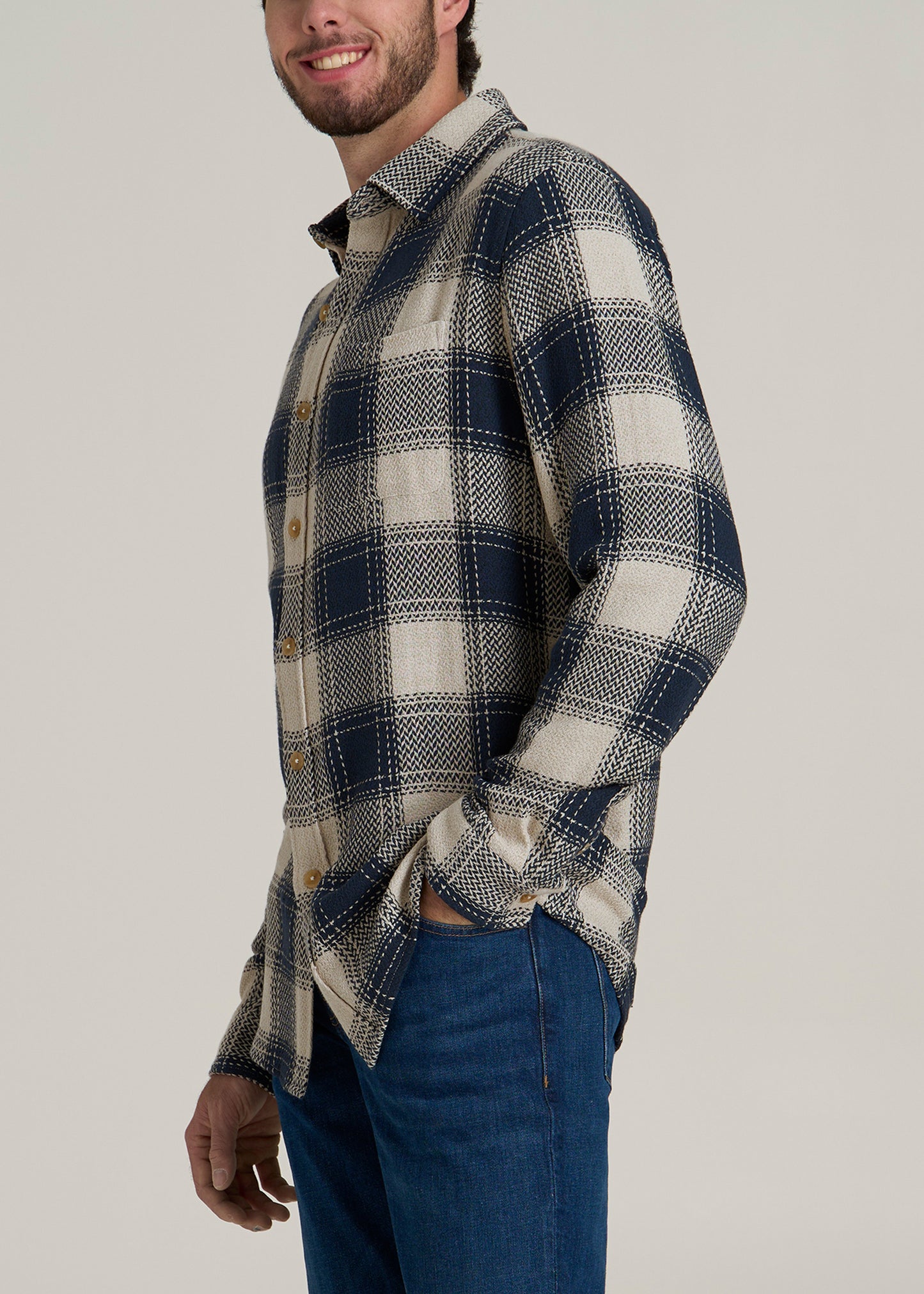 Lightweight Woven Overshirt for Tall Men in Navy and Beige Plaid