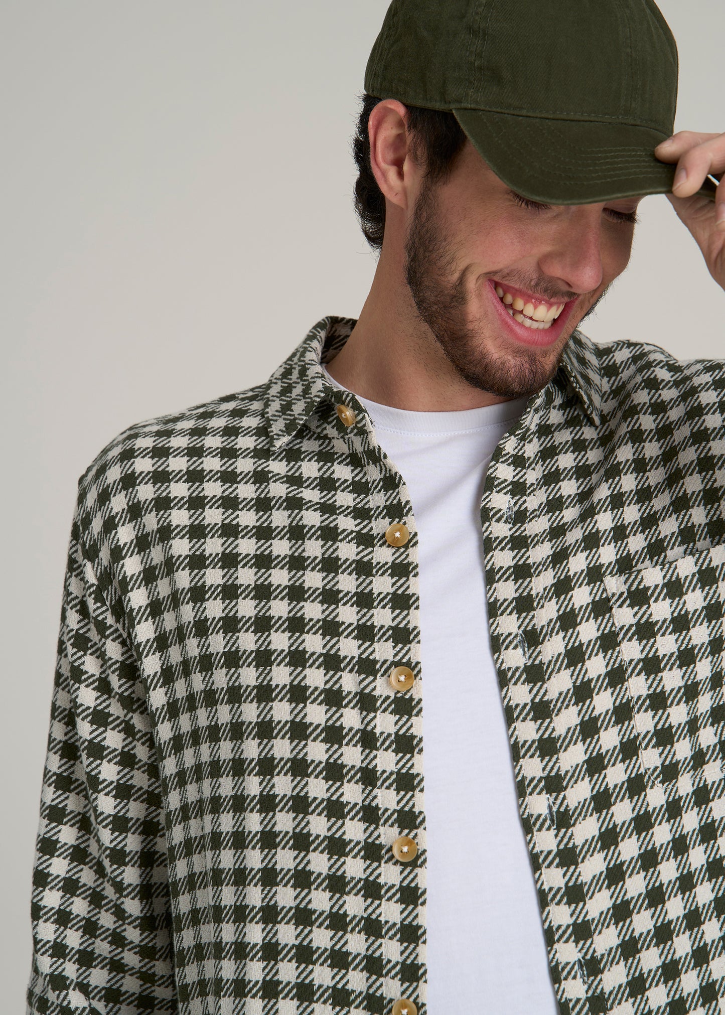 Lightweight Woven Overshirt for Tall Men in Olive and Ecru Check