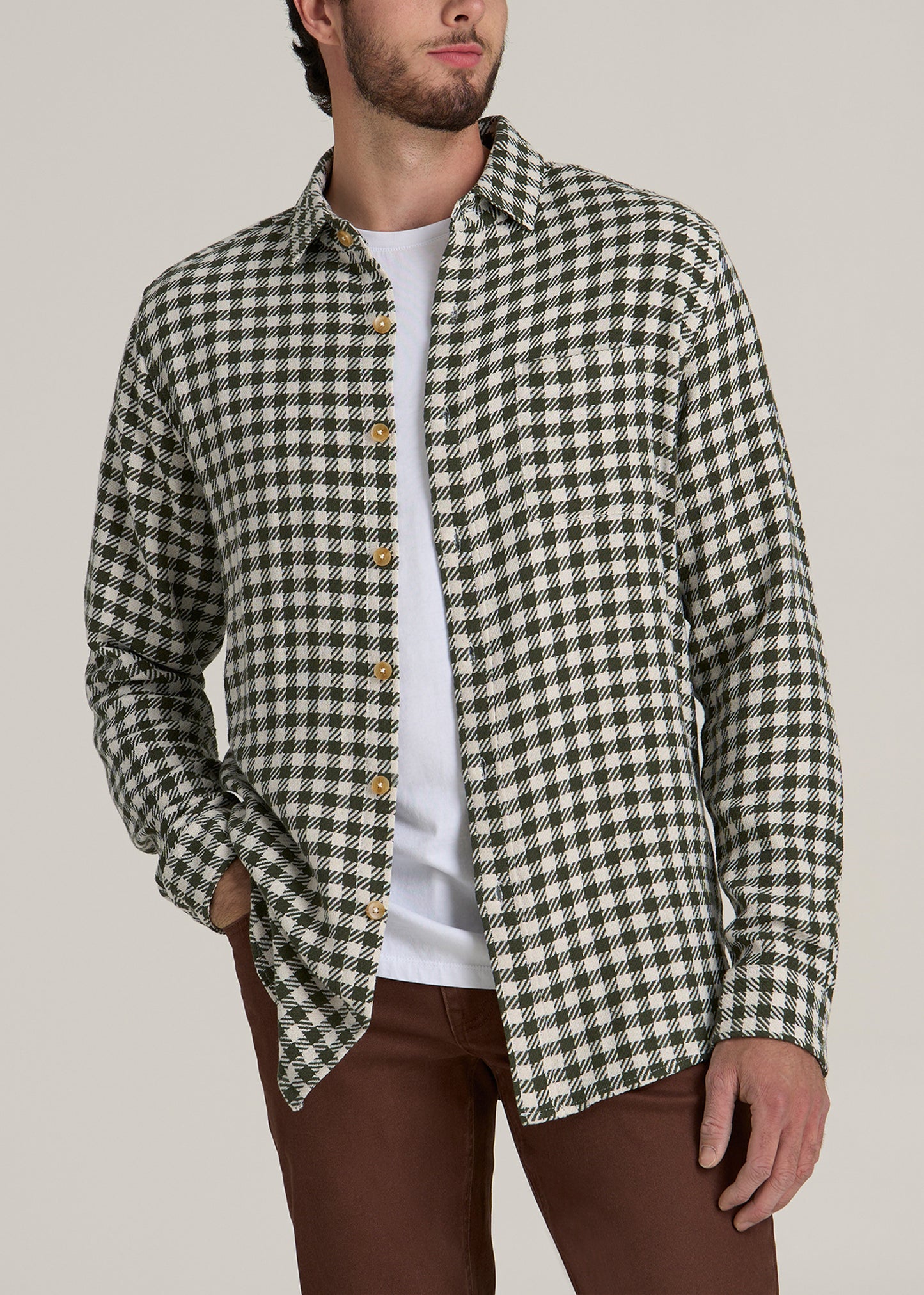 Lightweight Woven Overshirt for Tall Men in Olive and Ecru Check