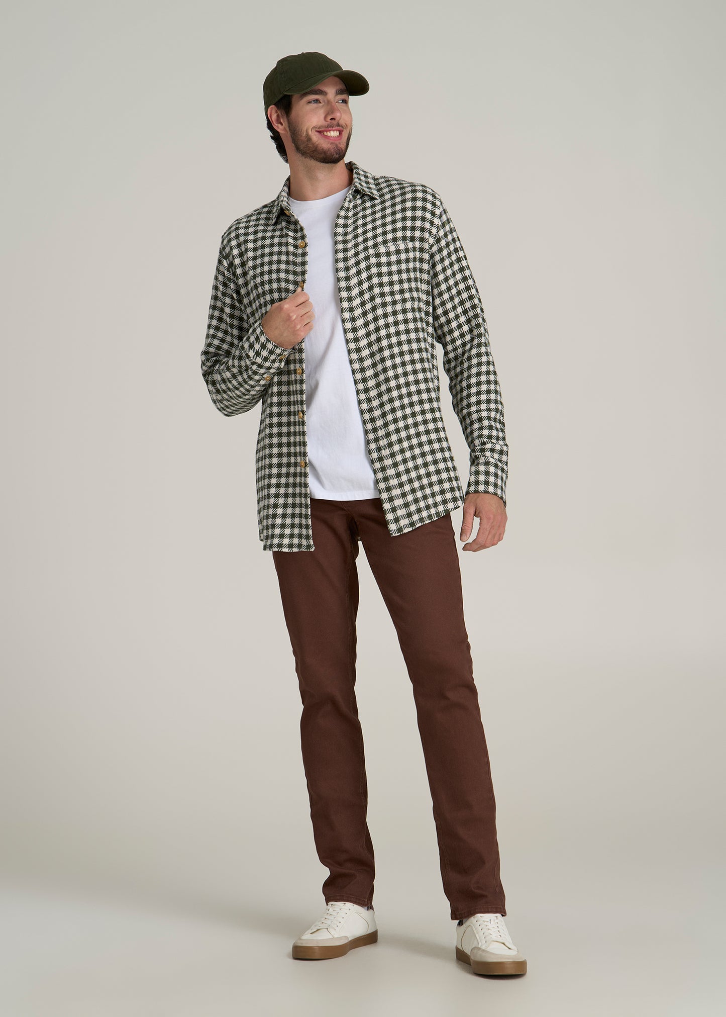 Lightweight Woven Overshirt for Tall Men in Olive and Ecru Check