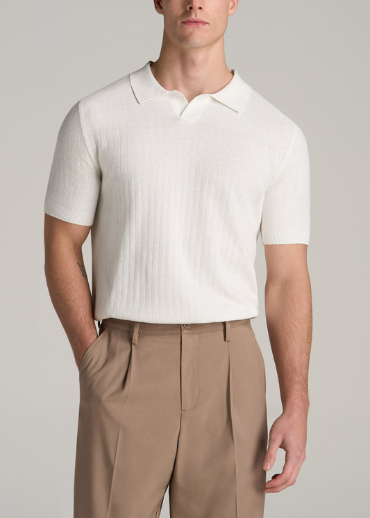 Linen Blend Ribbed Knit Polo Shirt for Tall Men in Ecru