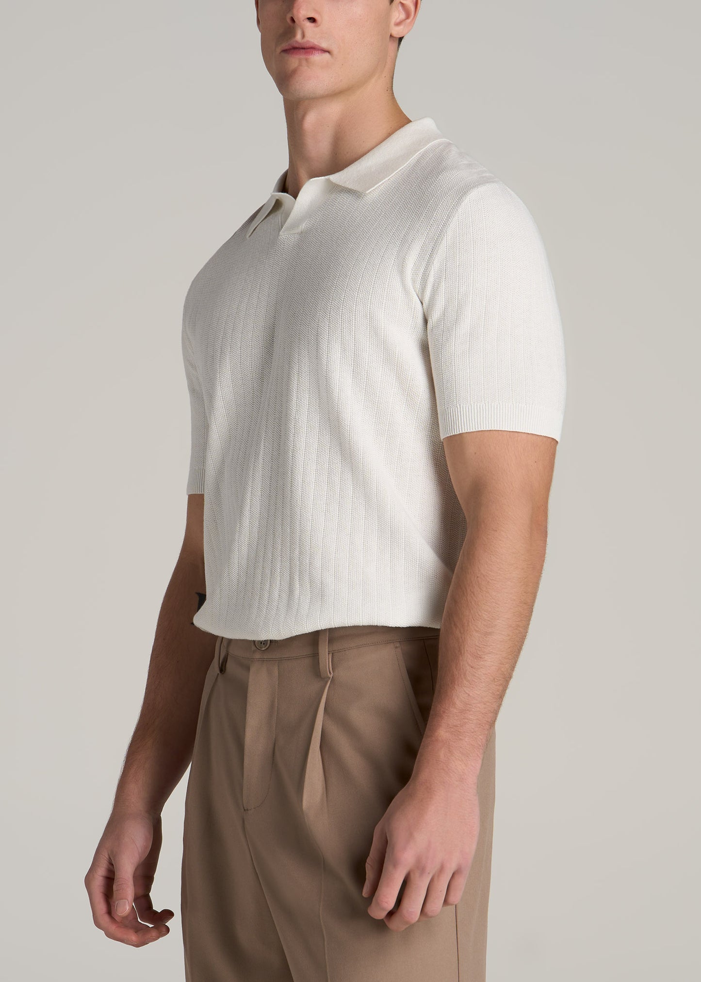 Linen Blend Ribbed Knit Polo Shirt for Tall Men in Ecru