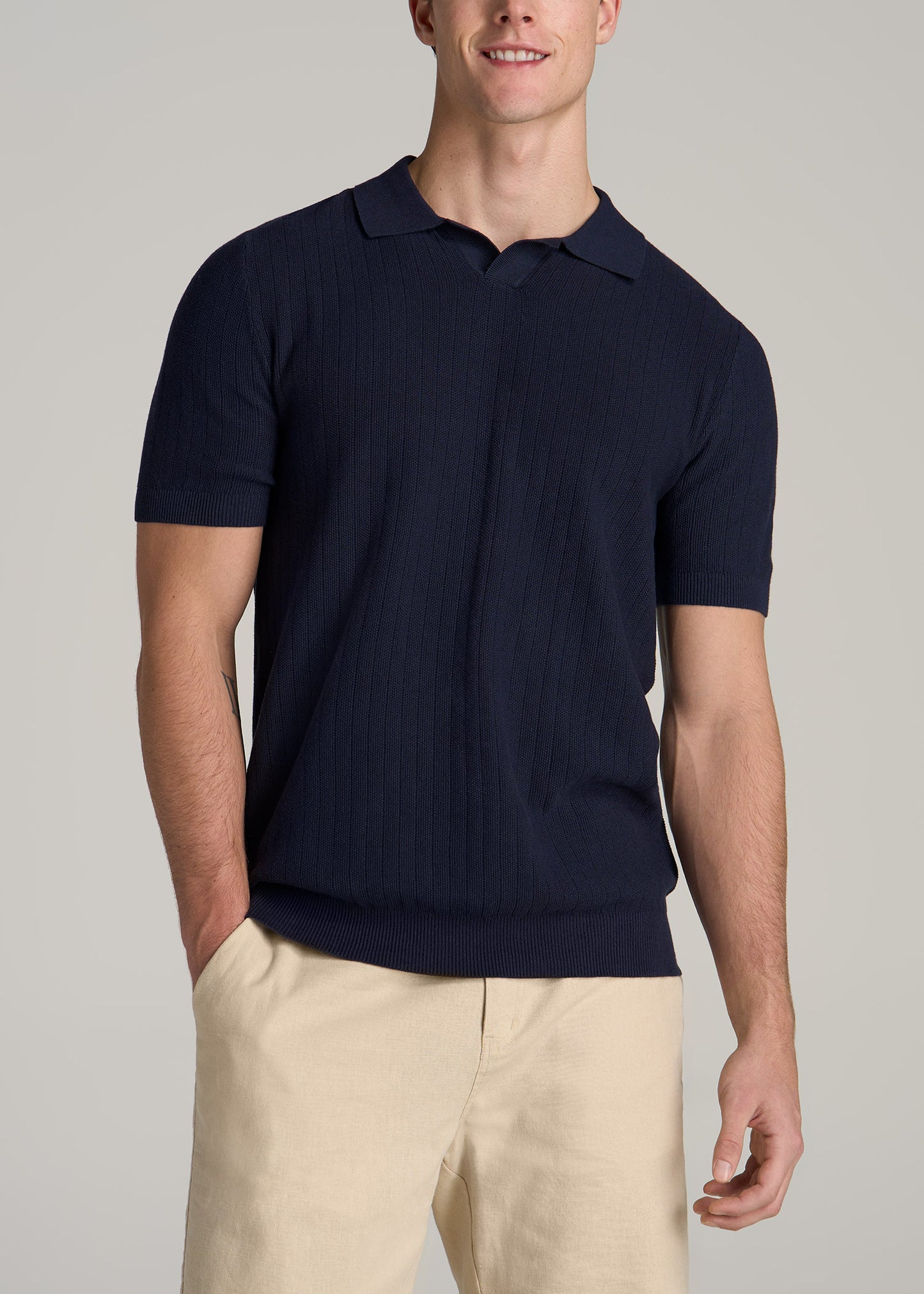 Linen Blend Ribbed Knit Polo Shirt for Tall Men in Evening Blue