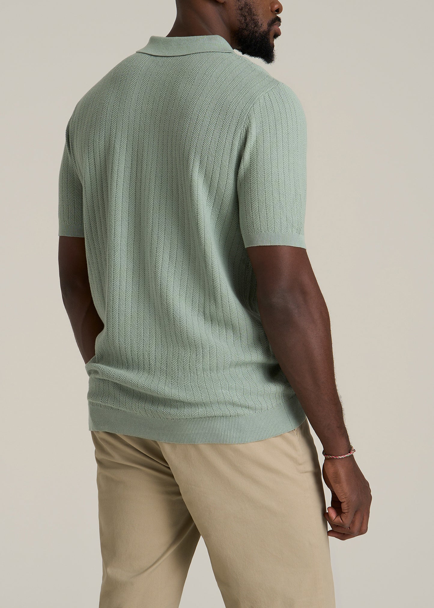 Linen Blend Ribbed Knit Polo Shirt for Tall Men in Seagrass