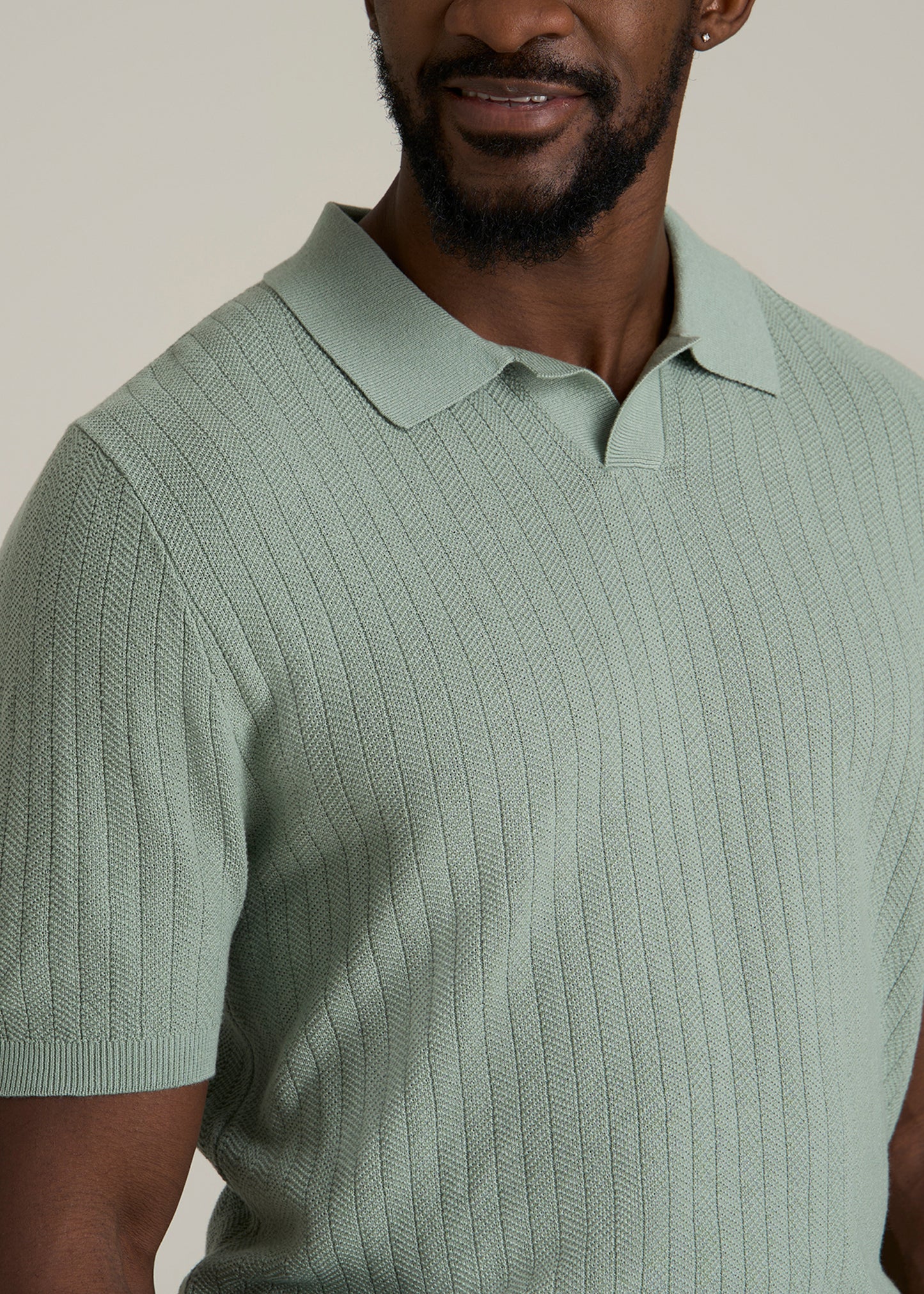 Linen Blend Ribbed Knit Polo Shirt for Tall Men in Seagrass