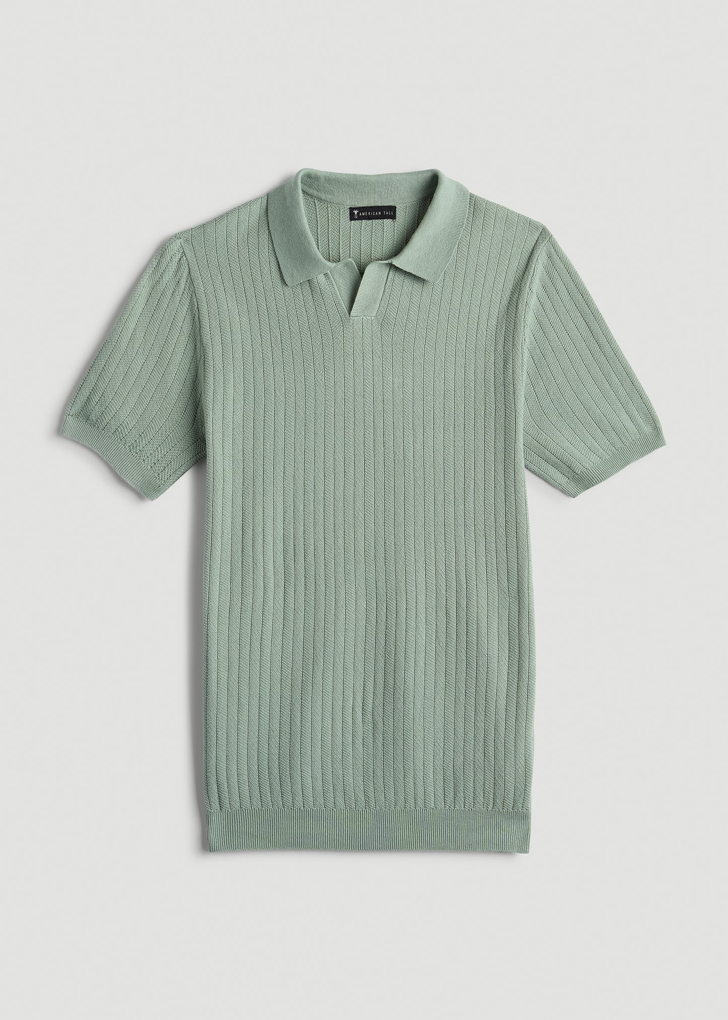 Linen Blend Ribbed Knit Polo Shirt for Tall Men in Seagrass