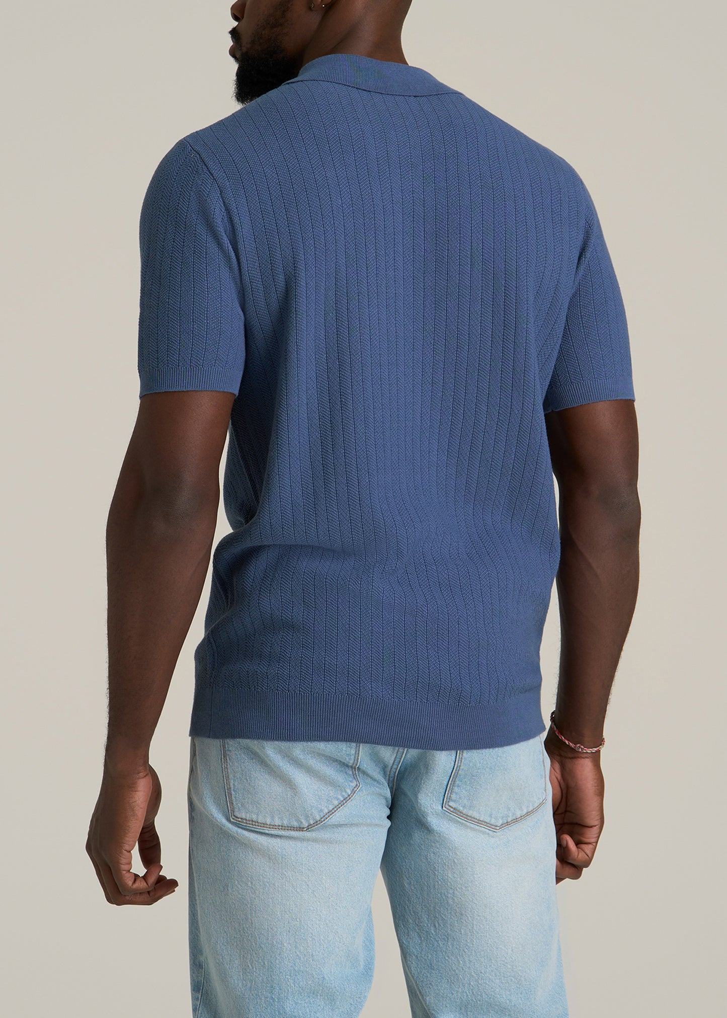 Linen Blend Ribbed Knit Polo Shirt for Tall Men in Steel Blue