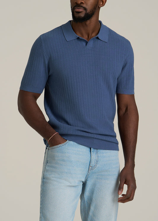 Linen Blend Ribbed Knit Polo Shirt for Tall Men in Steel Blue