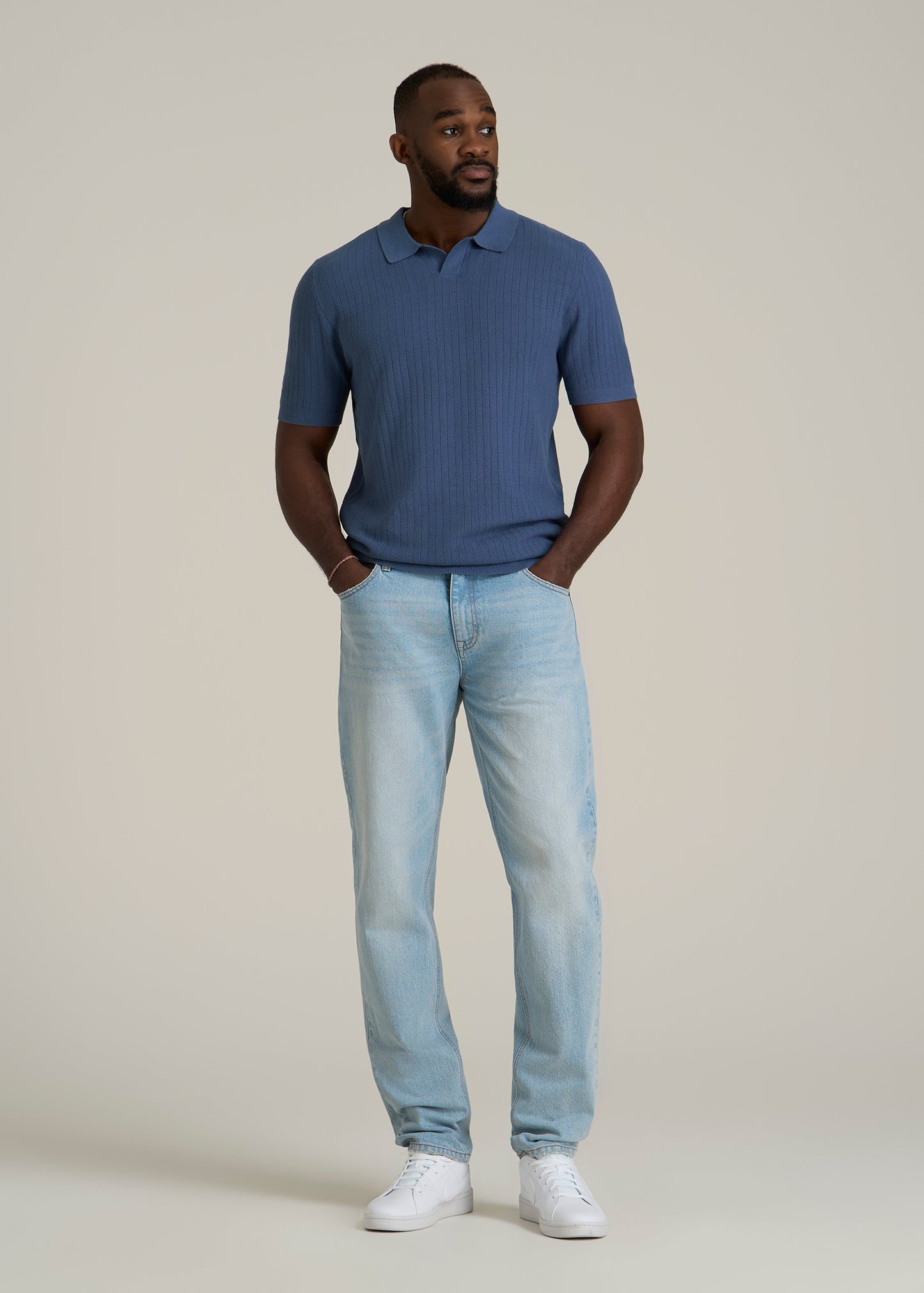 Linen Blend Ribbed Knit Polo Shirt for Tall Men in Steel Blue