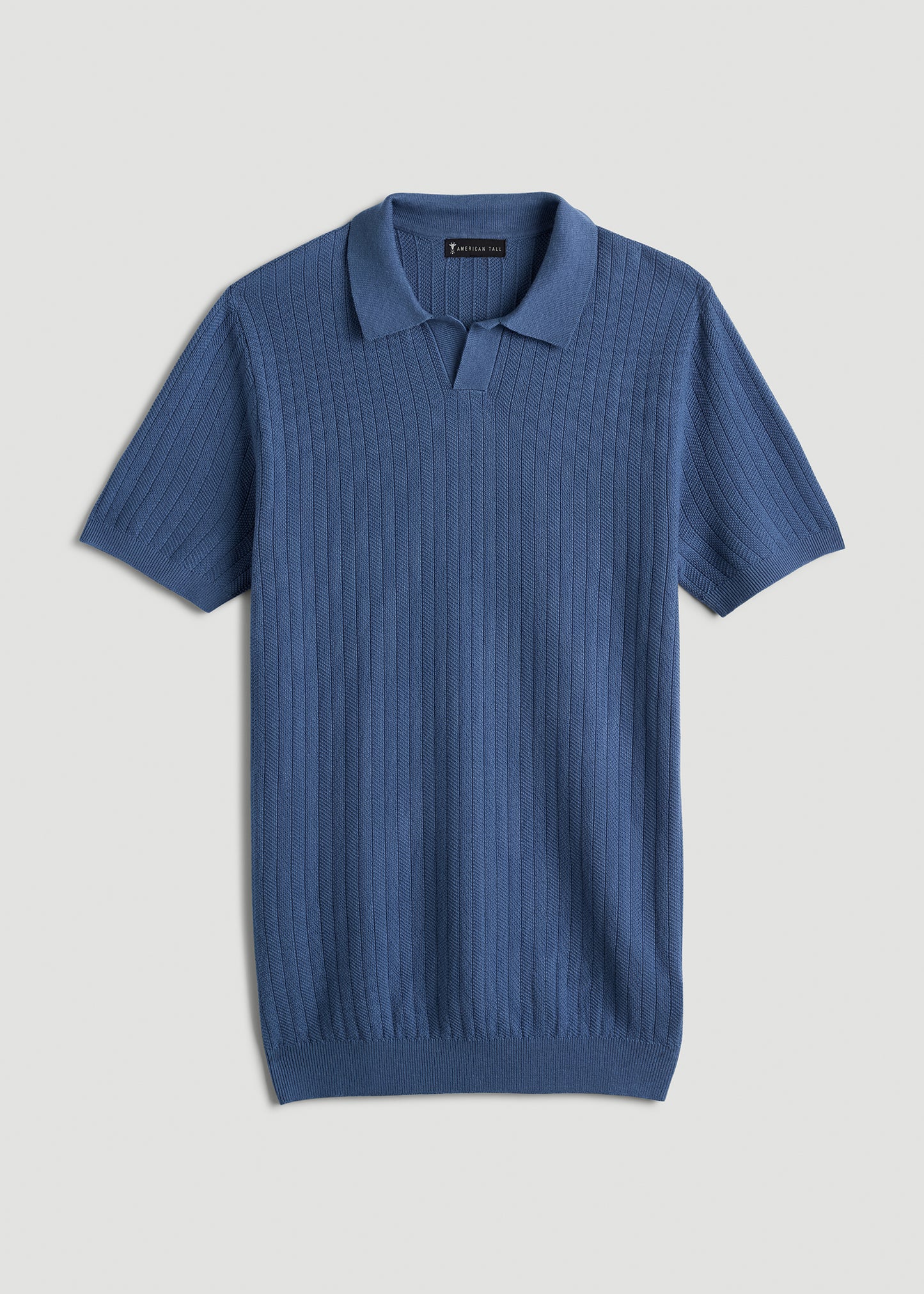 Linen Blend Ribbed Knit Polo Shirt for Tall Men in Steel Blue