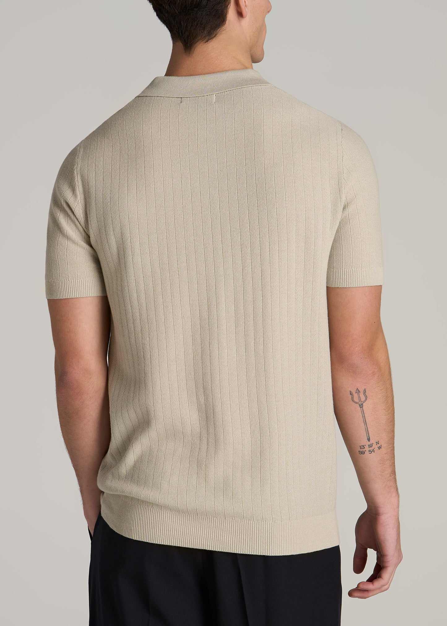 Linen Blend Ribbed Knit Polo Shirt for Tall Men in Stone