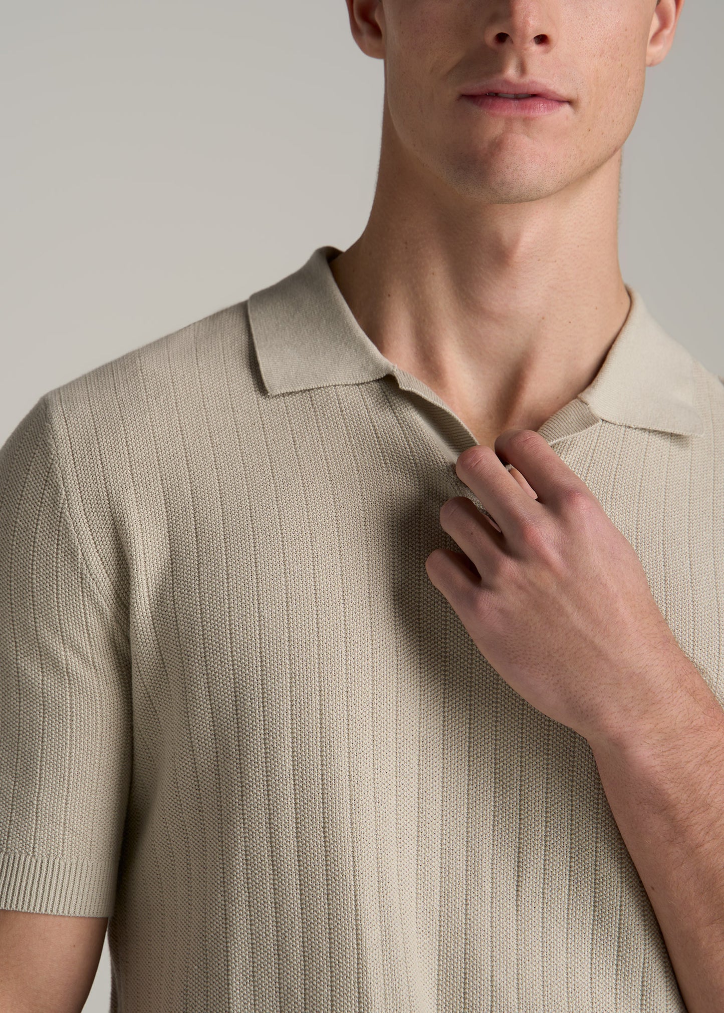 Linen Blend Ribbed Knit Polo Shirt for Tall Men in Stone