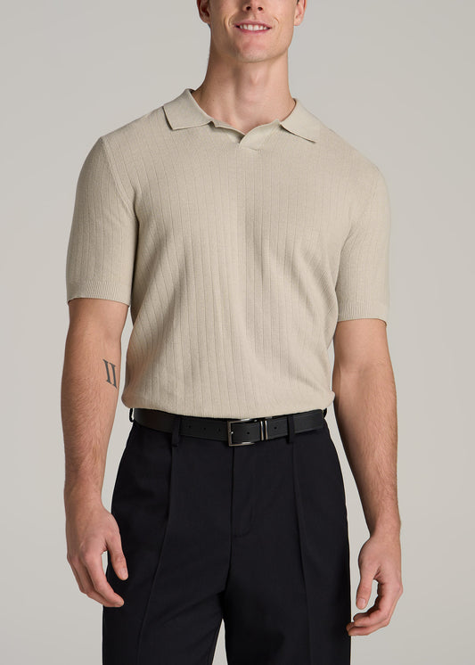 Linen Blend Ribbed Knit Polo Shirt for Tall Men in Stone