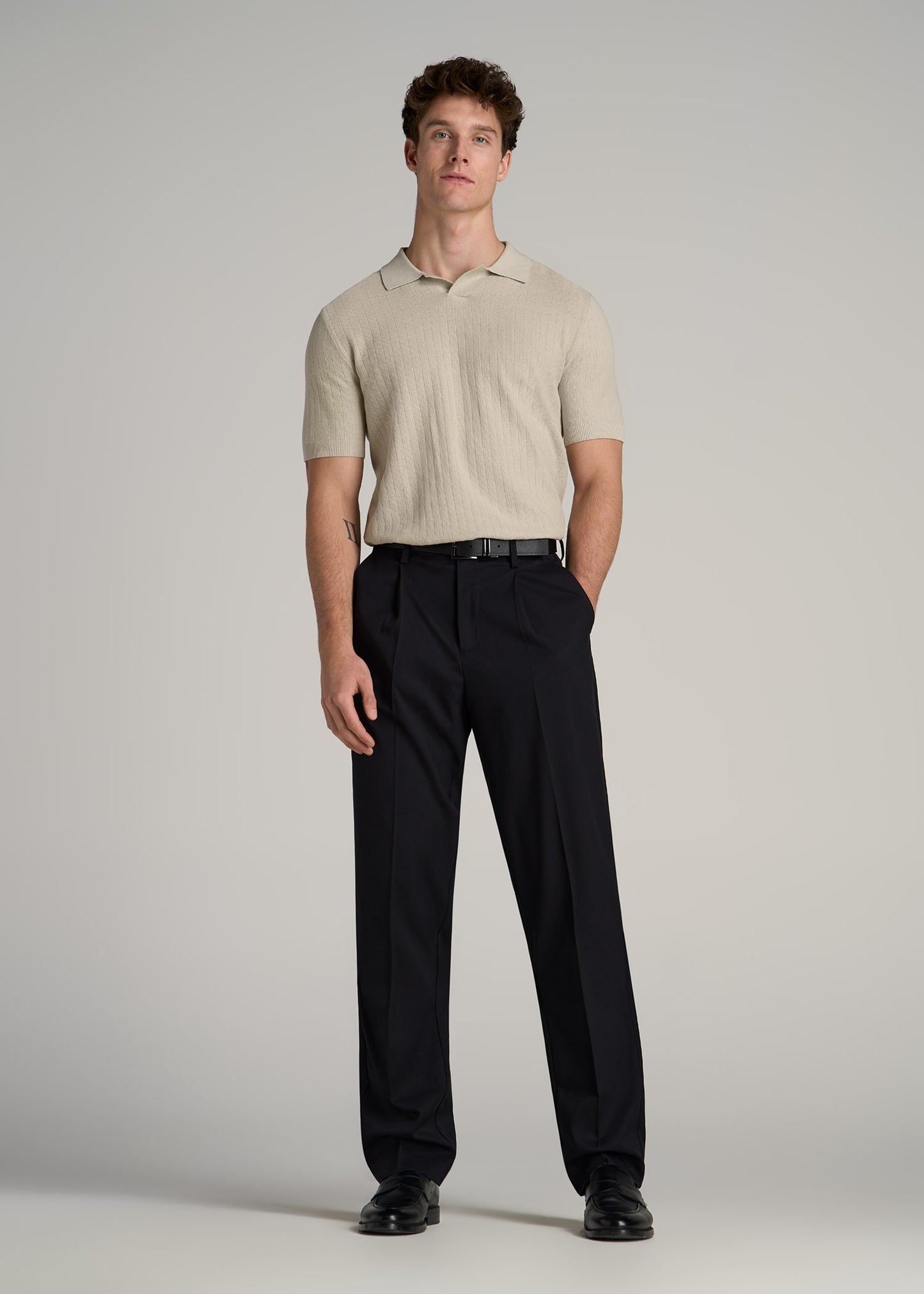 Linen Blend Ribbed Knit Polo Shirt for Tall Men in Stone