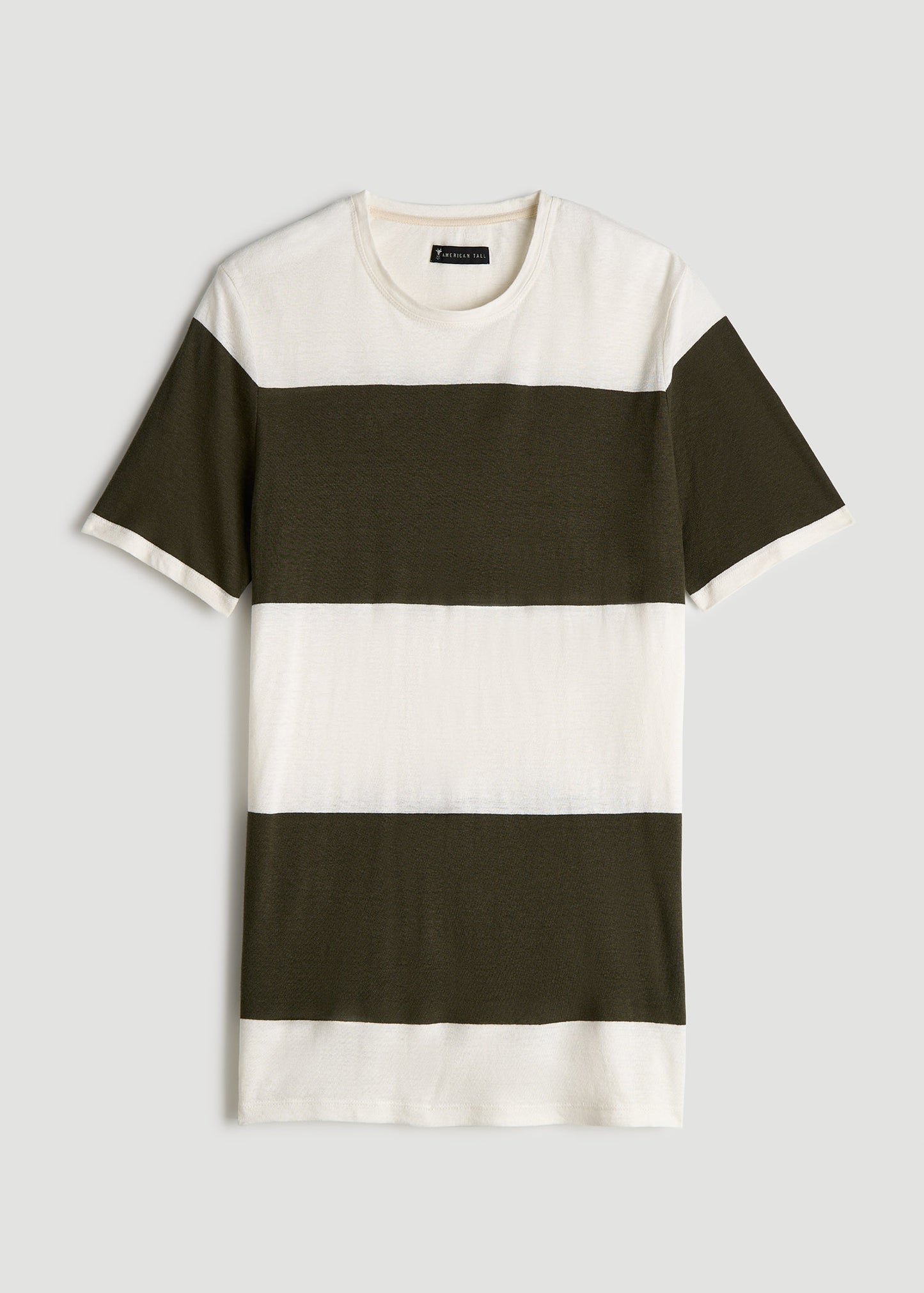 Linen Crewneck T-Shirt for Tall Men in Olive and Ecru Stripe