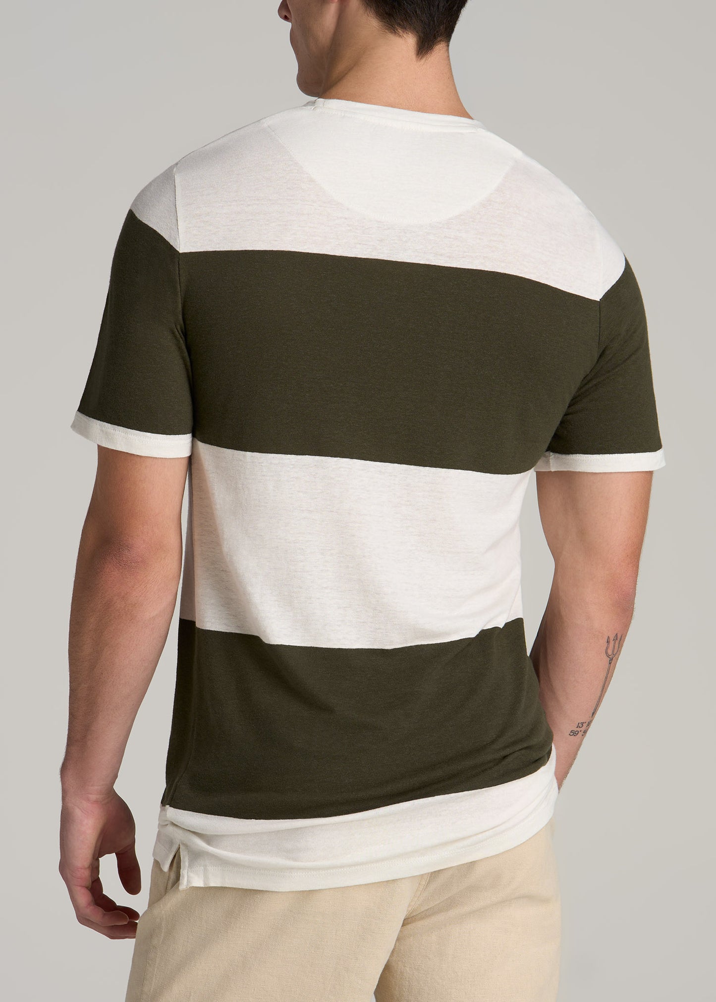 Linen Crewneck T-Shirt for Tall Men in Olive and Ecru Stripe