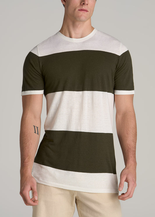 Linen Crewneck T-Shirt for Tall Men in Olive and Ecru Stripe