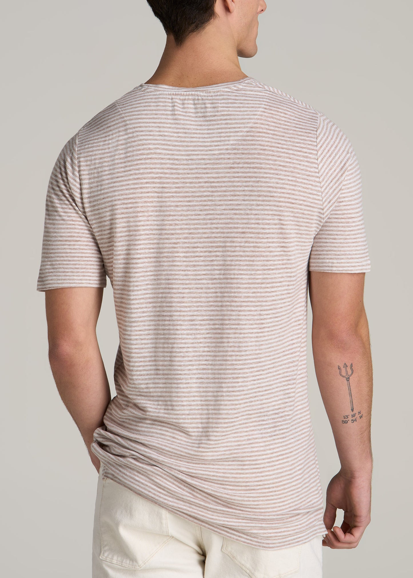 Linen Crewneck T-Shirt for Tall Men in Beige and White Stripe