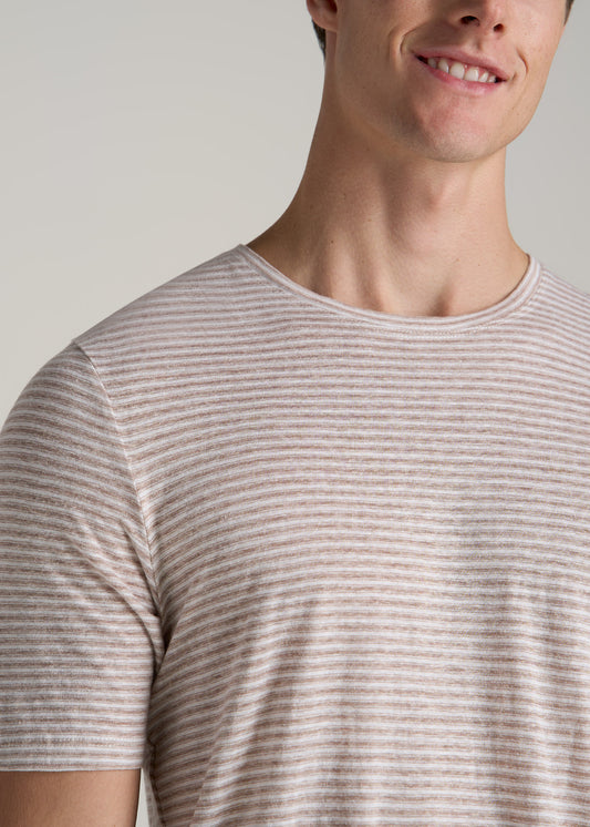 Linen Crewneck T-Shirt for Tall Men in Beige and White Stripe