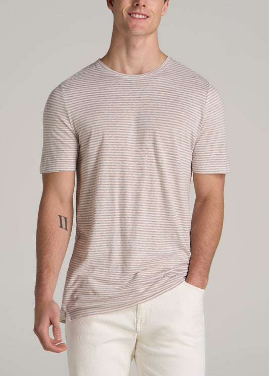 Linen Crewneck T-Shirt for Tall Men in Beige and White Stripe