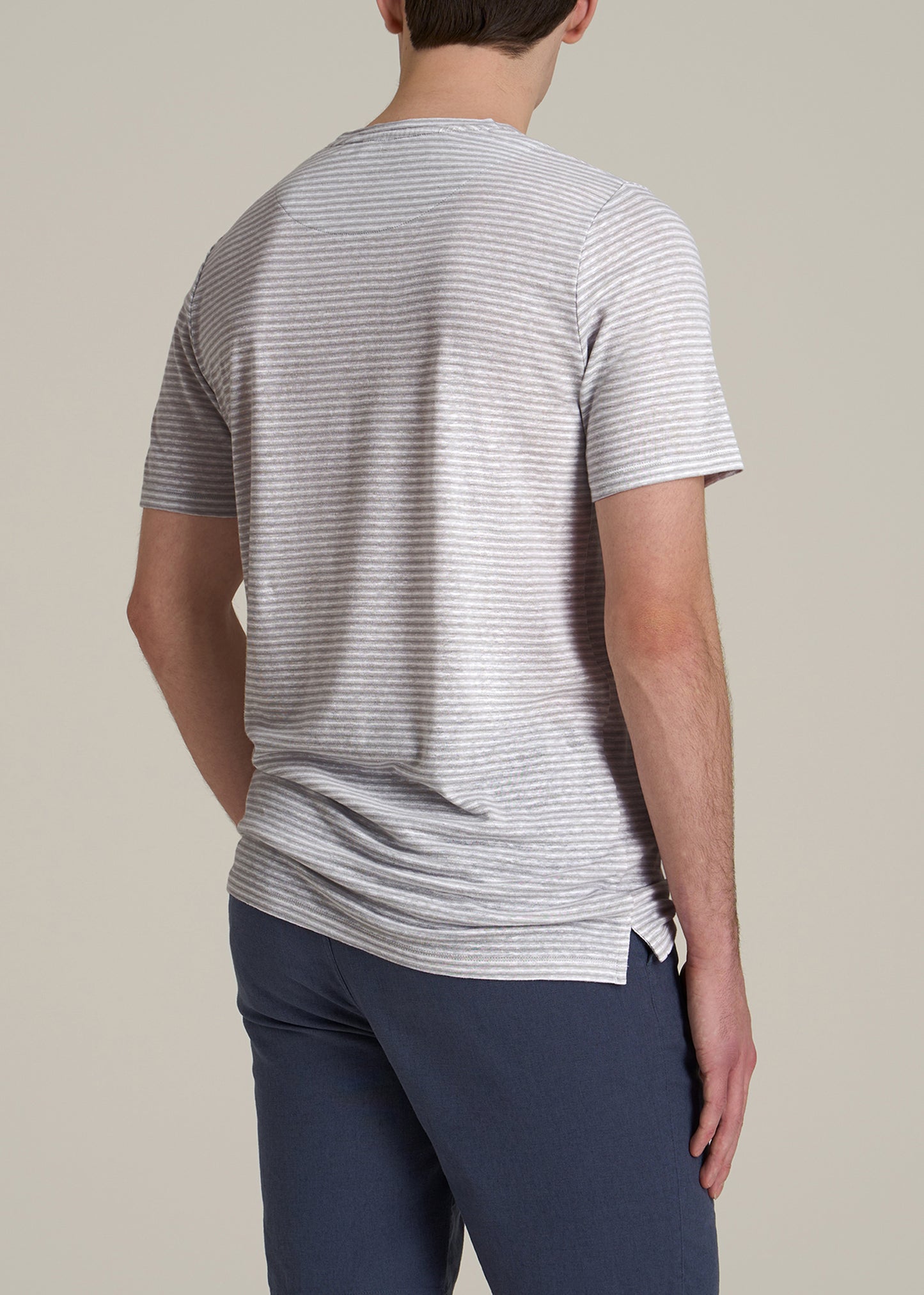 Linen Crewneck T-Shirt for Tall Men in Grey and White Mini Stripe