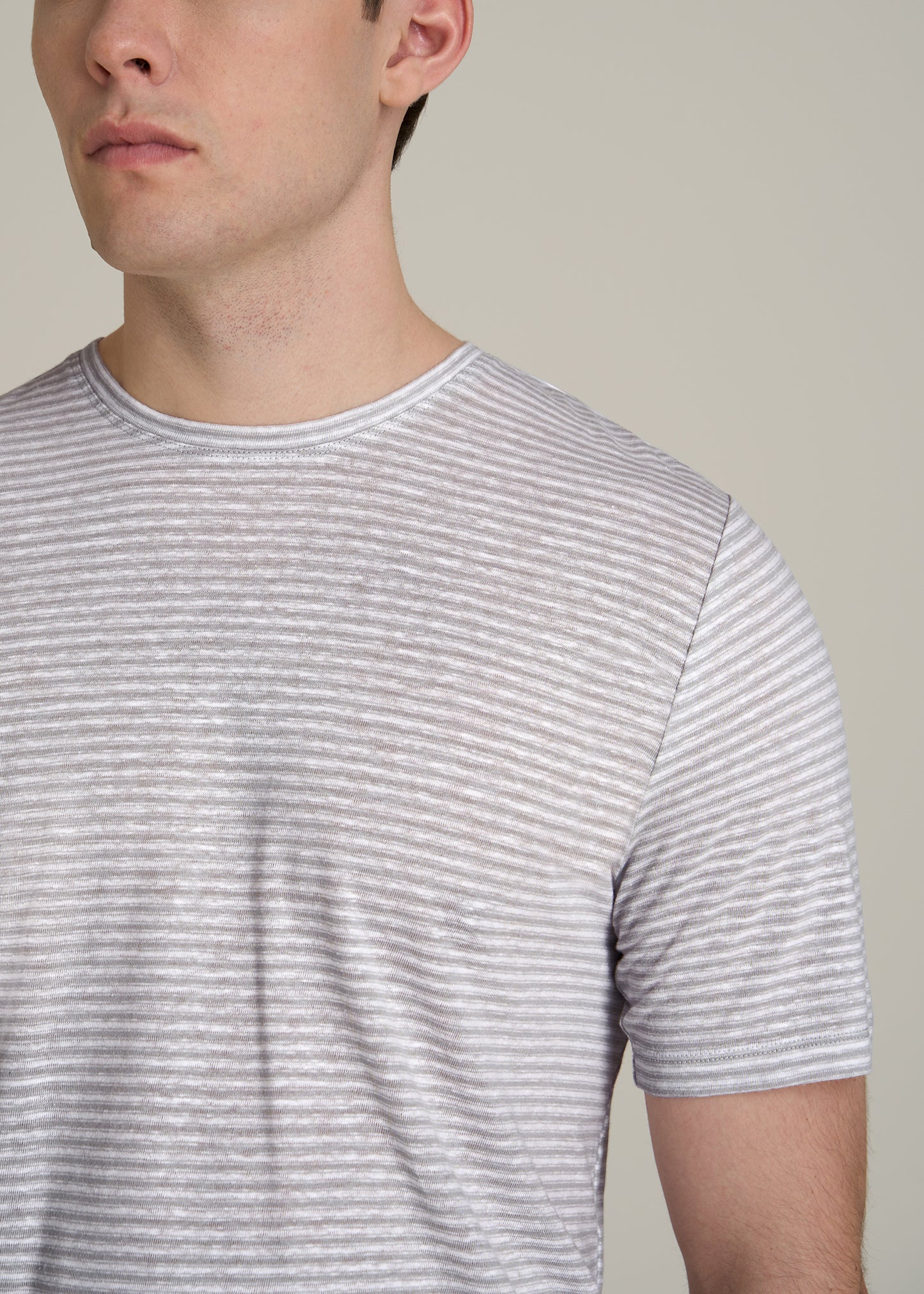 Linen Crewneck T-Shirt for Tall Men in Grey and White Mini Stripe