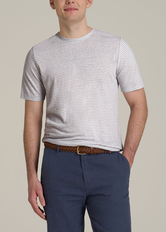 Linen Crewneck T-Shirt for Tall Men in Grey and White Mini Stripe