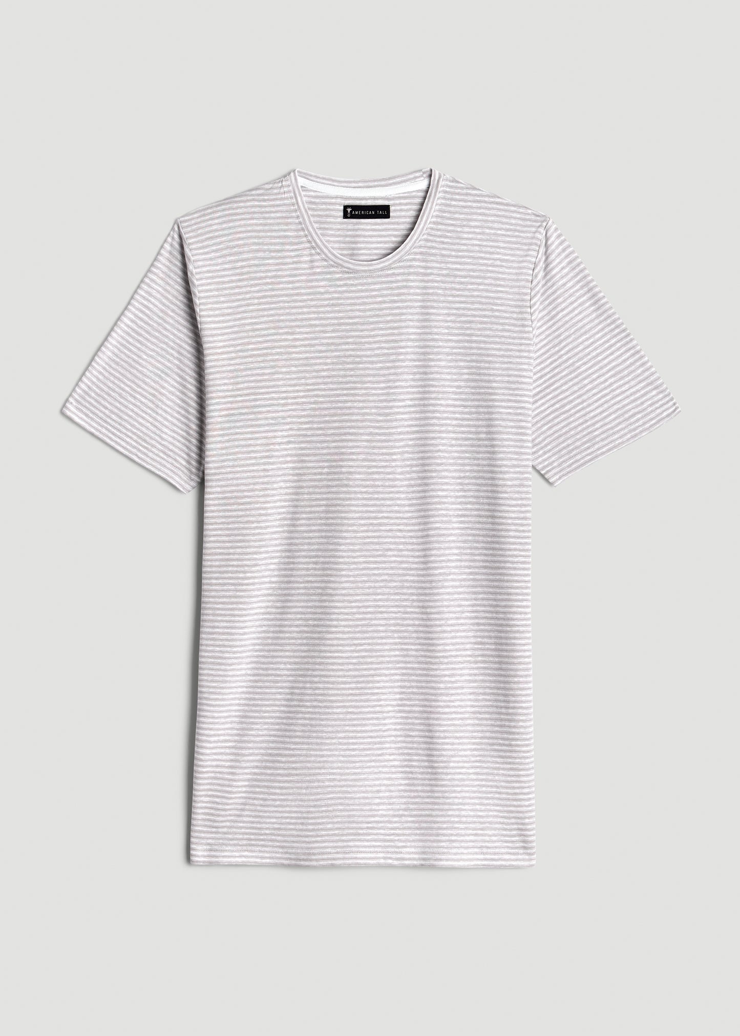 Linen Crewneck T-Shirt for Tall Men in Grey and White Mini Stripe