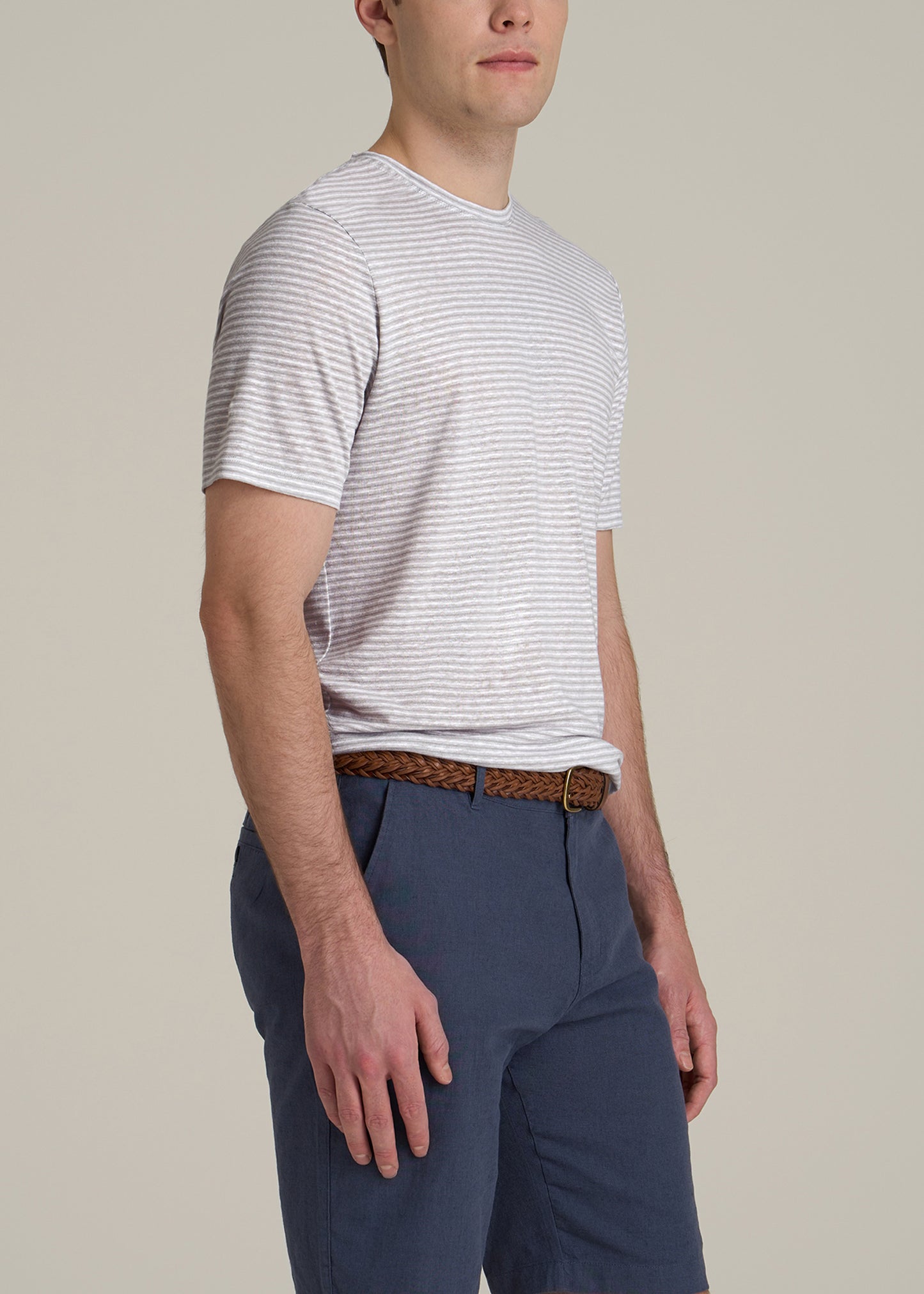 Linen Crewneck T-Shirt for Tall Men in Grey and White Mini Stripe