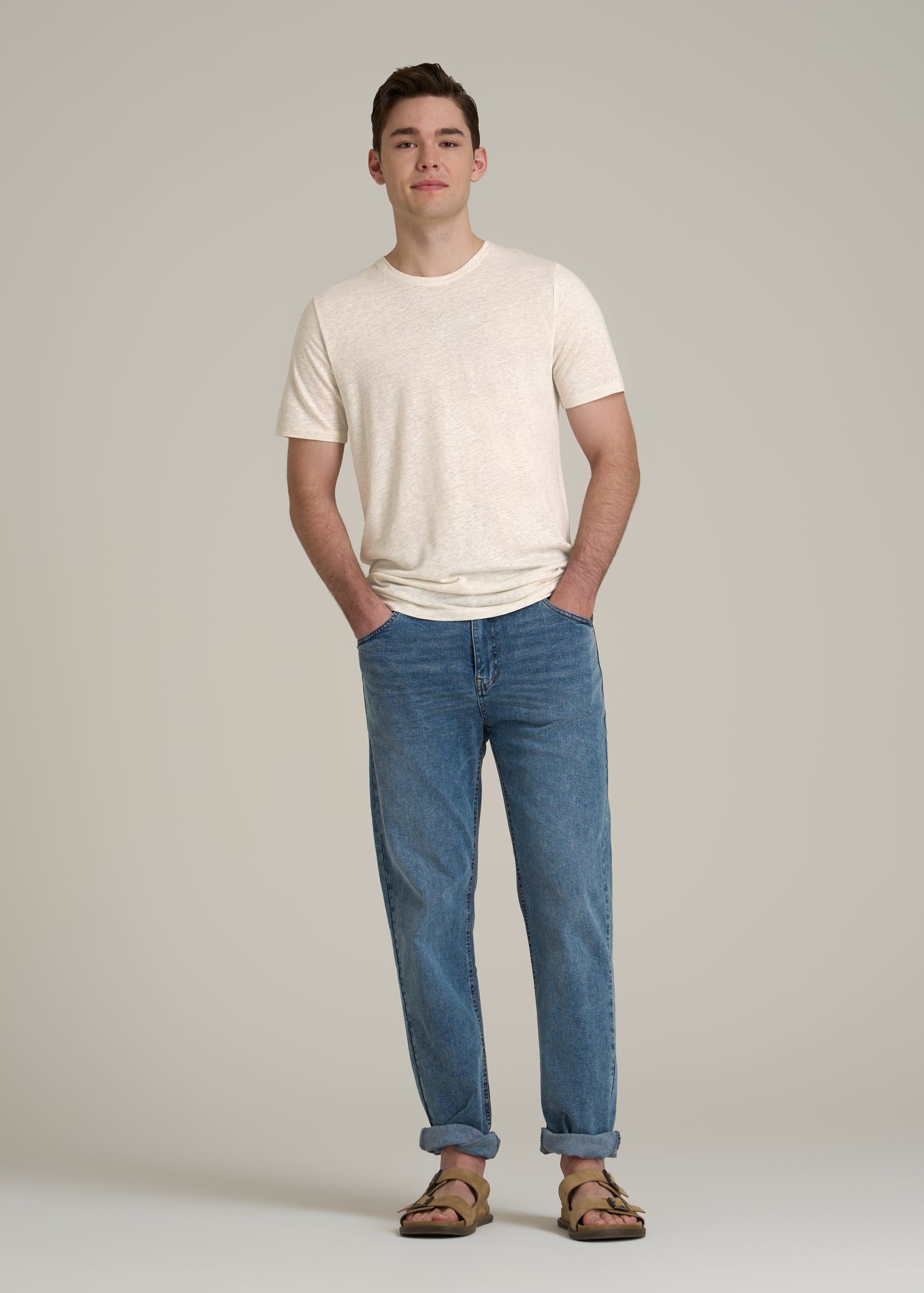 Linen Crewneck T-Shirt for Tall Men in Heathered Oatmeal