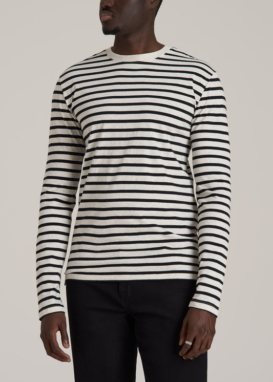 Long Sleeve Striped Tall Men's Tee in Beige Heather and Black Stripe