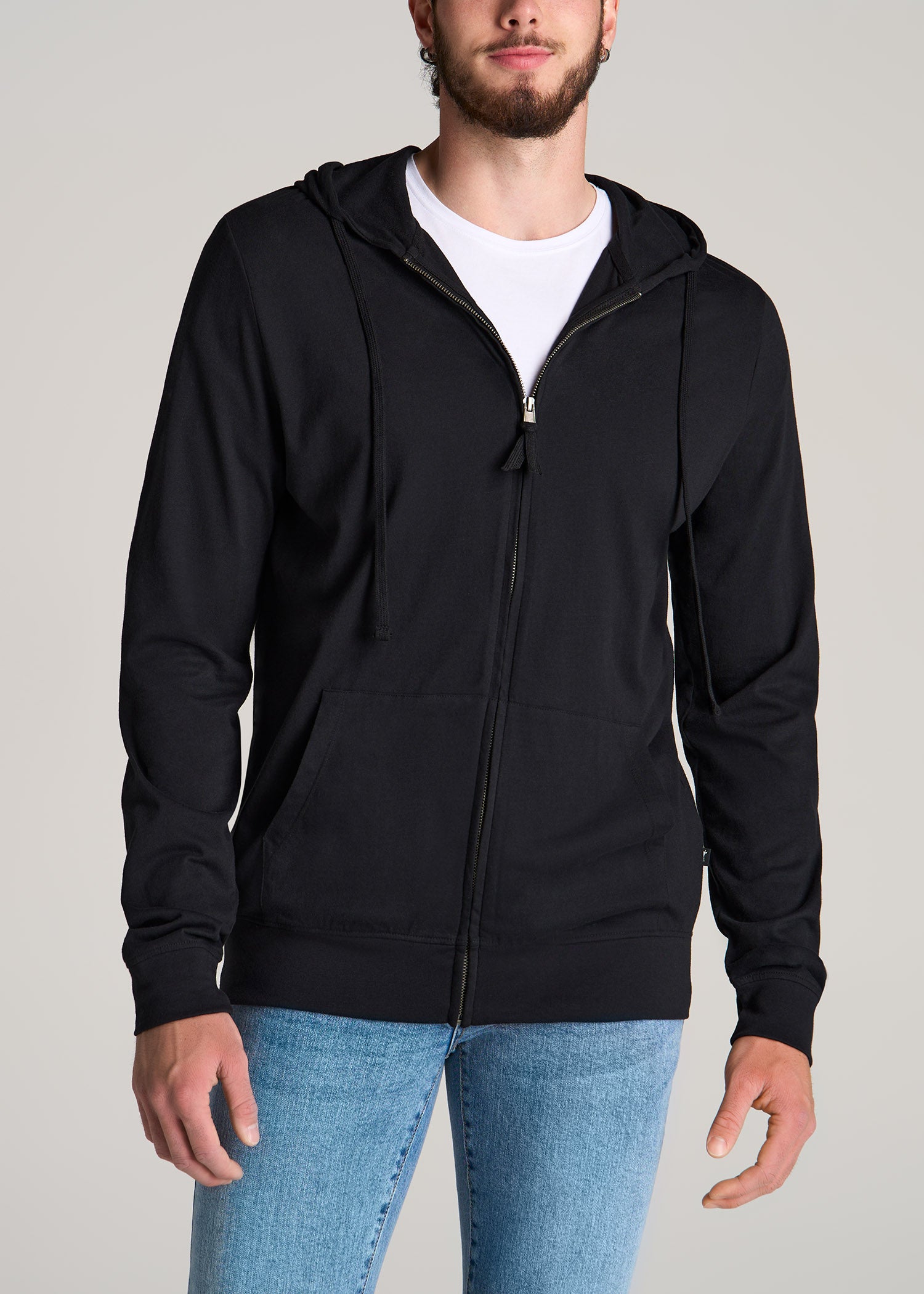 American-Tall-Men-Long-sleeve-Jersey-Full-Zip-Hoodie-Black-front