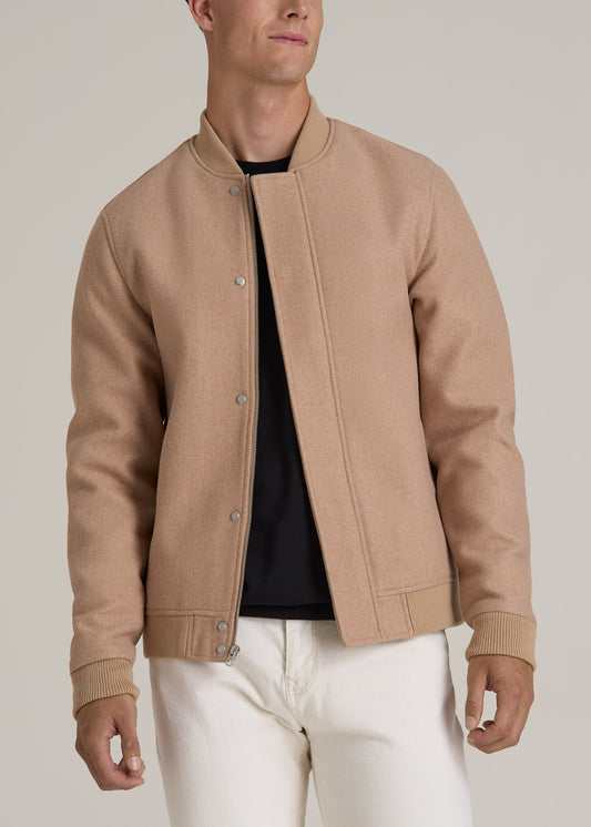 Melton Varsity Jacket for Tall Men in Light Camel Mix