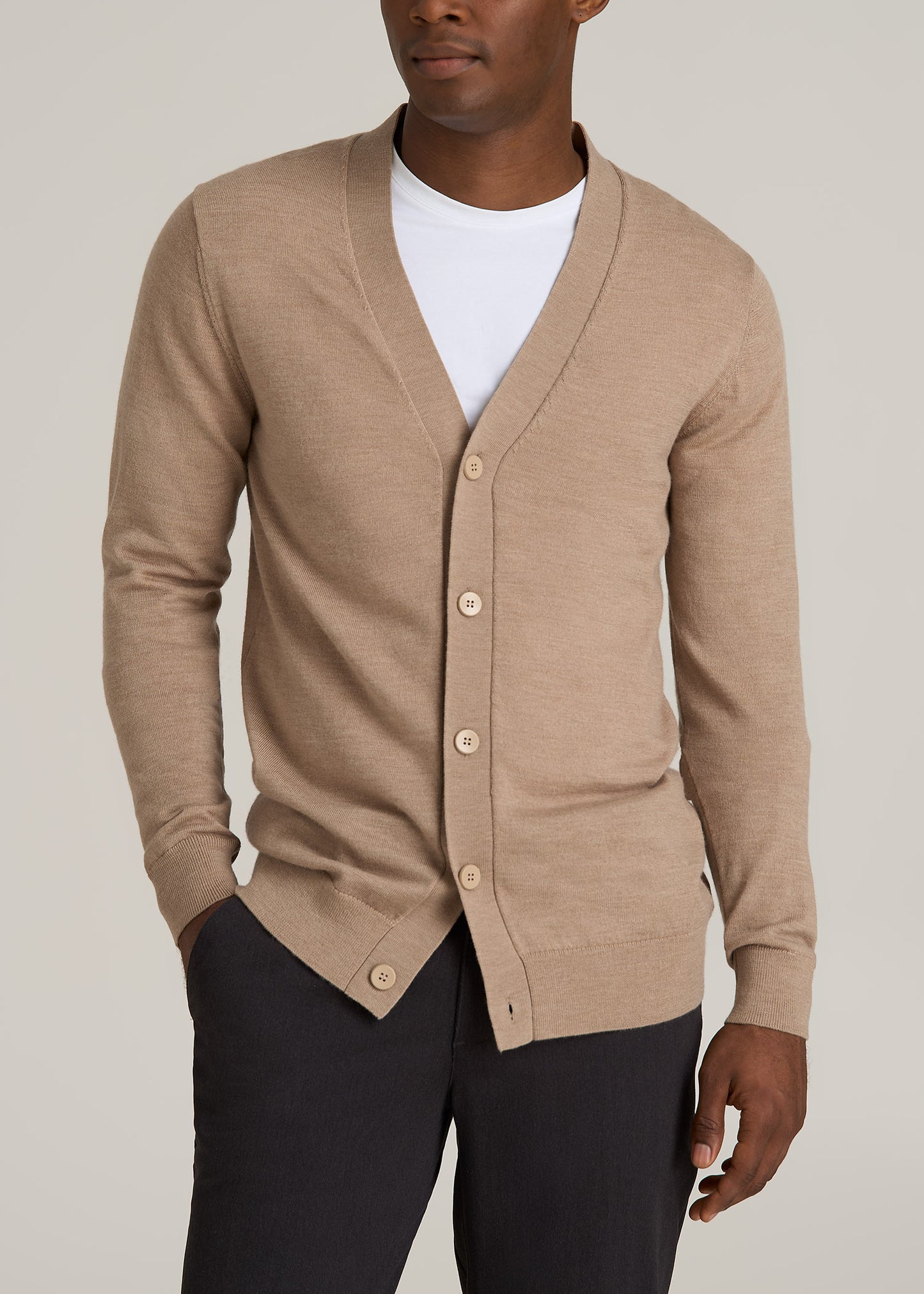 Merino Wool Cardigan Sweater for Tall Men in Oat