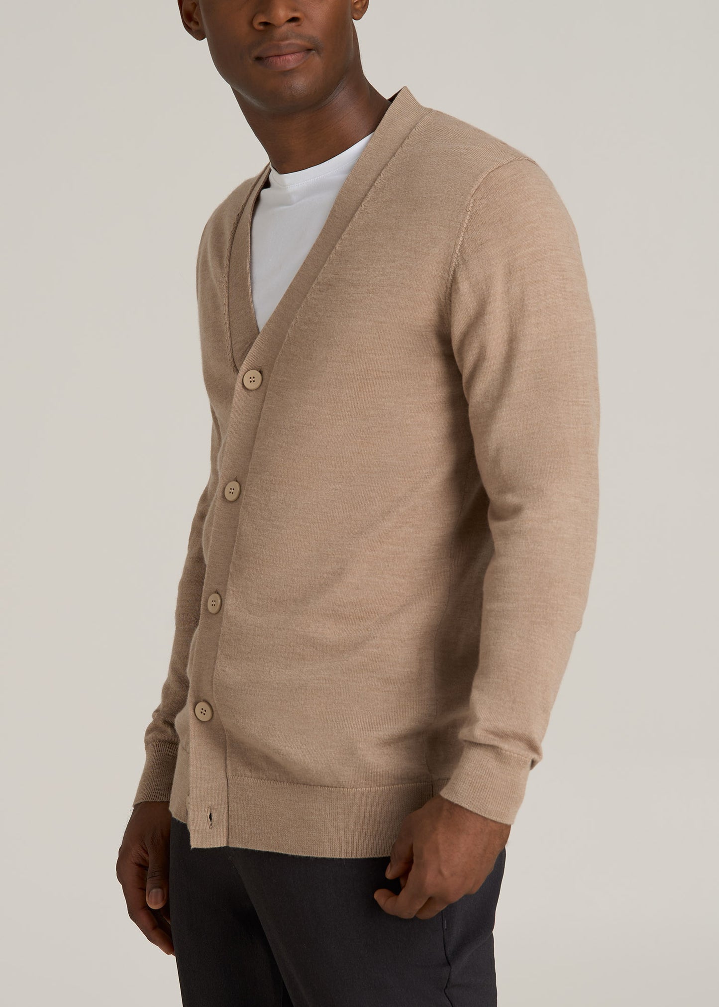 Merino Wool Cardigan Sweater for Tall Men in Oat