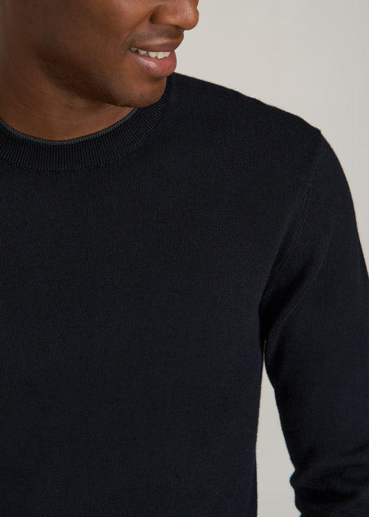 Merino Wool Crewneck Tip Sweater for Tall Men in Black