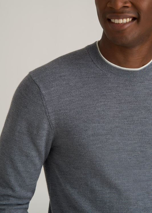 Merino Wool Crewneck Tip Sweater for Tall Men in Grey Mix