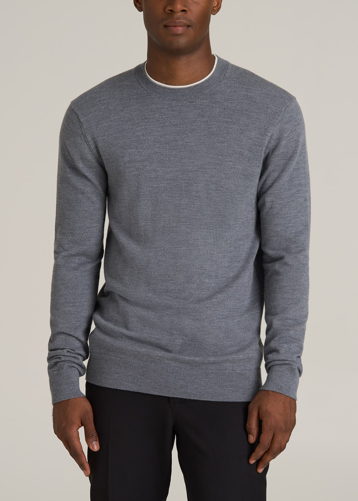 Merino Wool Crewneck Tip Sweater for Tall Men in Grey Mix